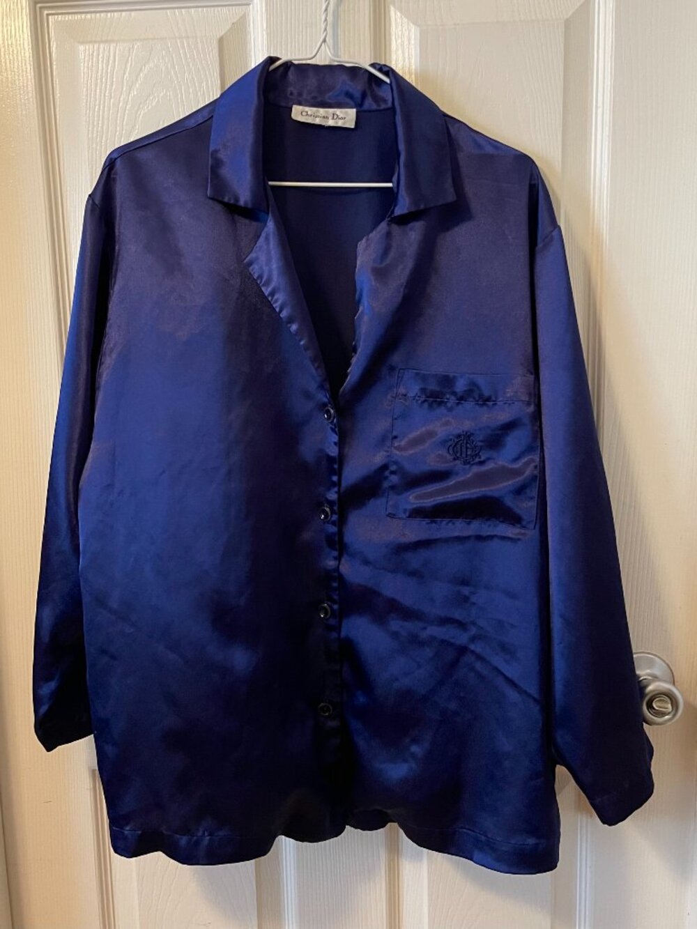 Vintage Christian Dior Monsieur Satin Sleep Shirt Royal Blue XL
